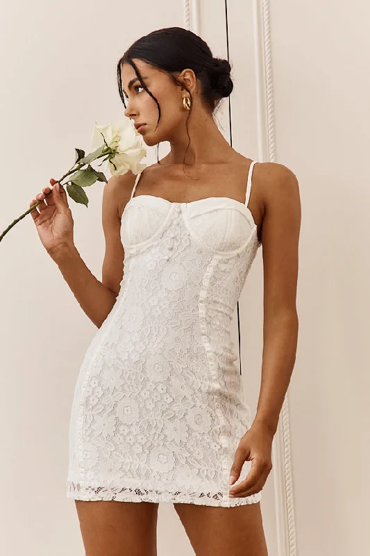 "Lace dresses for women for a romantic and elegant look"Take A Risk Lace Satin Trim Mini Dress White "Lace dresses for women for a romantic and elegant look"Take A Risk Lace Satin Trim Mini Dress White