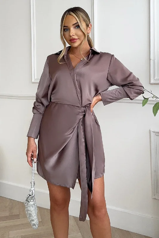 "Beach wedding dresses for women for a laid - back ceremony"Taupe Satin Wrap Long Sleeve Mini Dress "Beach wedding dresses for women for a laid - back ceremony"Taupe Satin Wrap Long Sleeve Mini Dress