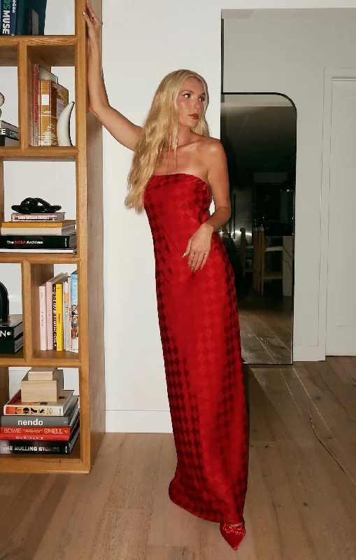 Maxi Dresses with Vintage Paisley Prints for a Retro LookTaylor Tube Dress ~ Red Checkerboard Satin Maxi Dresses with Vintage Paisley Prints for a Retro LookTaylor Tube Dress ~ Red Checkerboard Satin