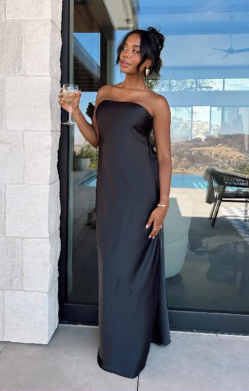 Maxi Dresses Paired with Crop Tops for a Trendy LookTaylor Tube Maxi Dress ~ Black Luxe Satin
