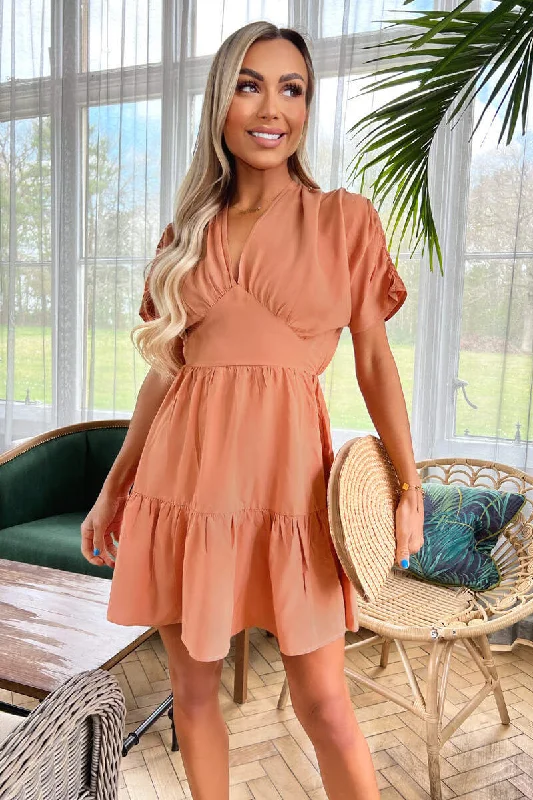 "Beaded dresses for women for a glamorous look"Terracotta Short Sleeve Tie Back V Neck Mini Dress