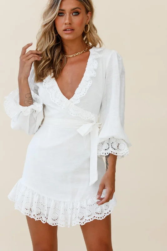 "Polka dot dresses for women with a retro vibe"Terroni Lantern Sleeve Frill Hem Dress White