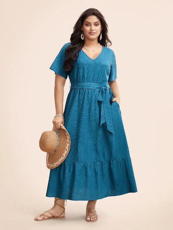 Versatile Gray Maxi Dresses for Any OccasionTextured V Neck Belted Ruffle Hem Dress