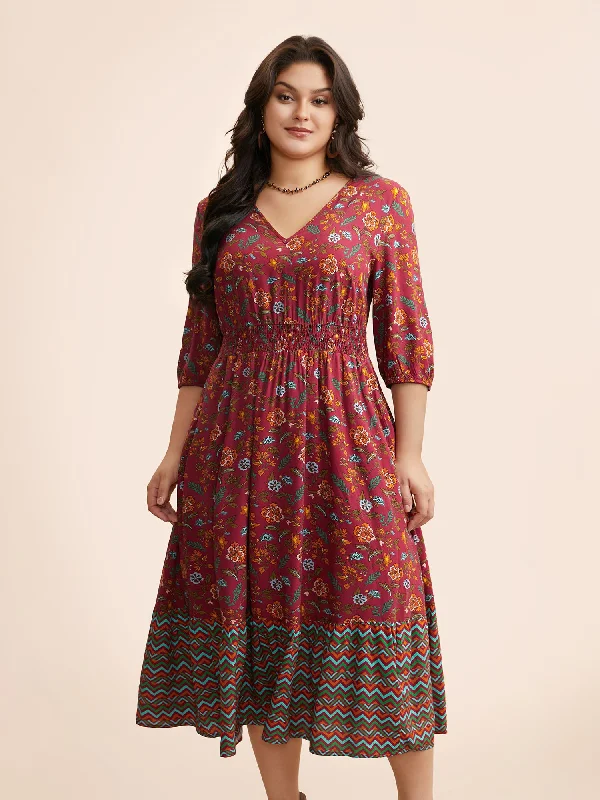 Maxi Dresses with Strap - Tie Details for a Personalized FitV Neck Bandana Print Shirred Dress