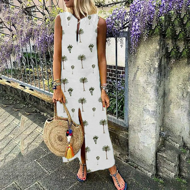 Maxi Dresses with Romantic Bows for a Feminine TouchFashionSierra - Women Boho Long Maxi Dress Fashion Ladies Sleeveless Summer Beach Floral Dress Casual Holiday Dresses Sundress