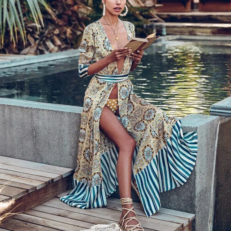 Maxi Dresses for Business - Casual ConferencesFashionSierra - Women Flower Striped Print Boho Dress Sashes Wrap Dress Summer Slit Long Sleeve Beach Maxi Dresses Vintage Robe Femme