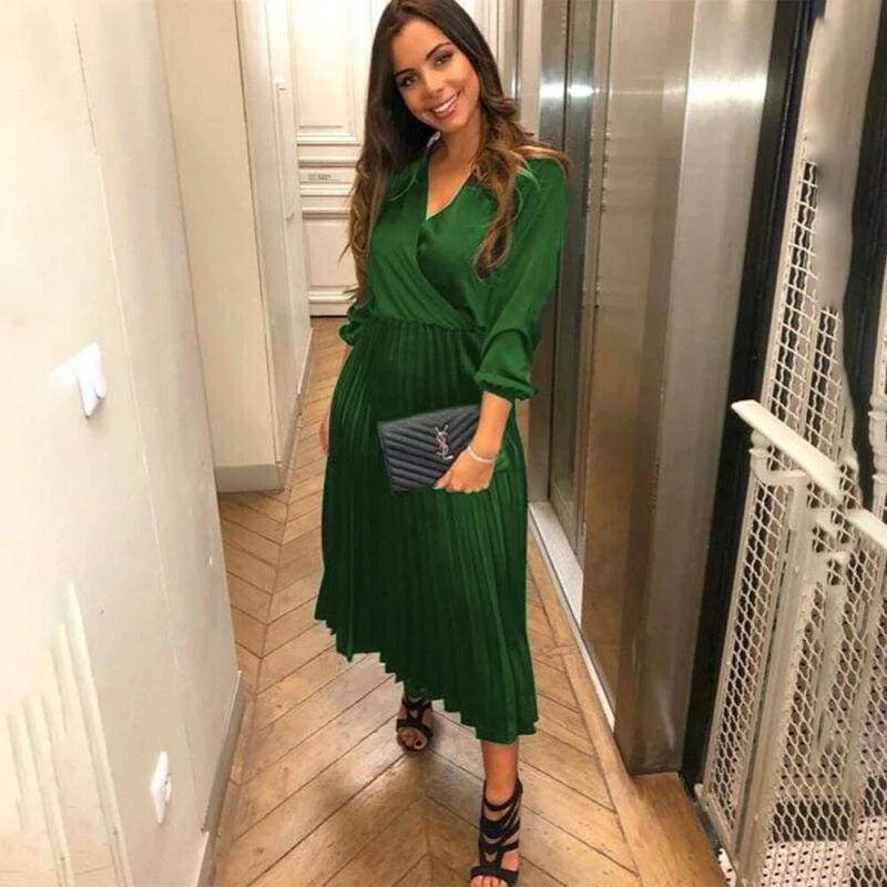 Cool Leather Maxi Dresses for a Rock - Chic StyleFashionSierra - Women Long Sleeve Wrap Boho V-neck Pleated Maxi Dress Office Ladies Summer Sundress Holiday Daily Workout Clothes