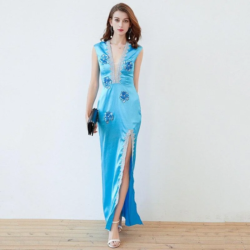 Maxi Dresses Suitable for Beachside WeddingsFashionSierra - Sexy V Neck Sleeveless Split Piping Elegant Designer Long Maxi Dress