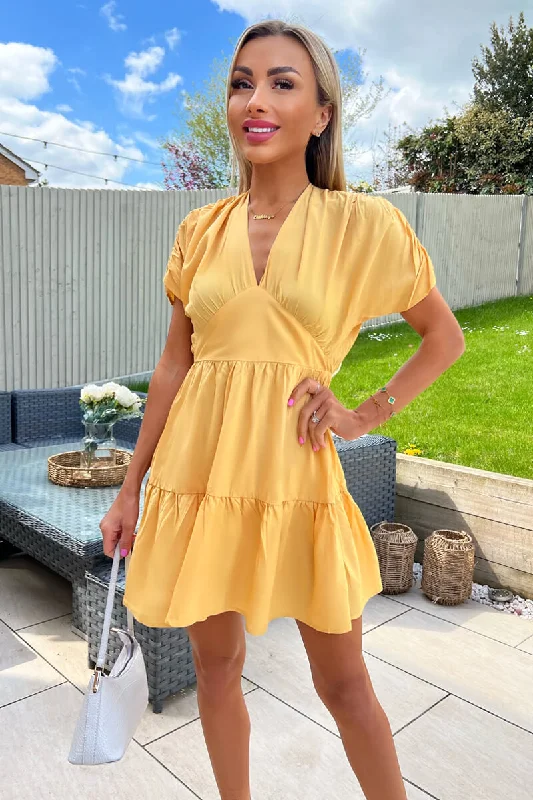 "Boho wedding dresses for women for a free - spirited vibe"Yellow Short Sleeve Tie Back V Neck Mini Dress "Boho wedding dresses for women for a free - spirited vibe"Yellow Short Sleeve Tie Back V Neck Mini Dress