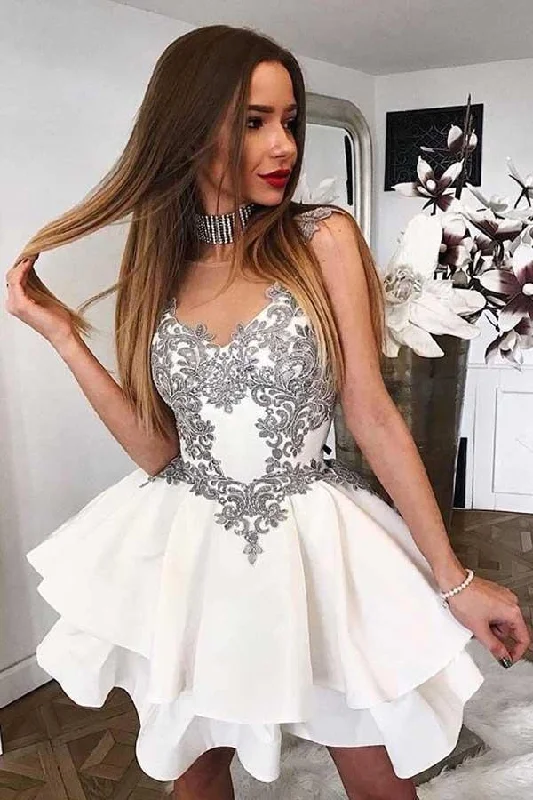 Empire Waist Party Dresses with Satin Sash for Ladies' Curvy Figure FlatteringA-Line Crew Short Tiered White Homecoming Dress with Appliques PD071 Empire Waist Party Dresses with Satin Sash for Ladies' Curvy Figure FlatteringA-Line Crew Short Tiered White Homecoming Dress with Appliques PD071