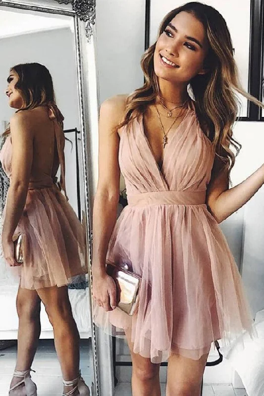 Strapless Party Dresses with Beaded Bodice for Ladies' Special OccasionsA-Line Pink Tulle Deep V-neck Backless Pleats Mini Homecoming Dress PD440 Strapless Party Dresses with Beaded Bodice for Ladies' Special OccasionsA-Line Pink Tulle Deep V-neck Backless Pleats Mini Homecoming Dress PD440