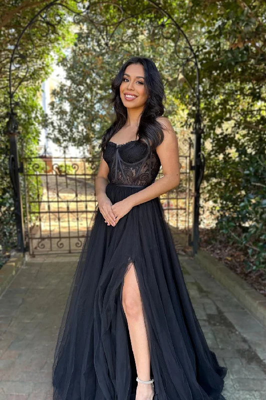 Party Dresses with Sheer Panels and Beaded Trim and Bow at the Back for Ladies' Sexy and Polished LookA-Line Sweetheart Neck Black Lace Long Prom Dress Formal Dress PSK395 Party Dresses with Sheer Panels and Beaded Trim and Bow at the Back for Ladies' Sexy and Polished LookA-Line Sweetheart Neck Black Lace Long Prom Dress Formal Dress PSK395