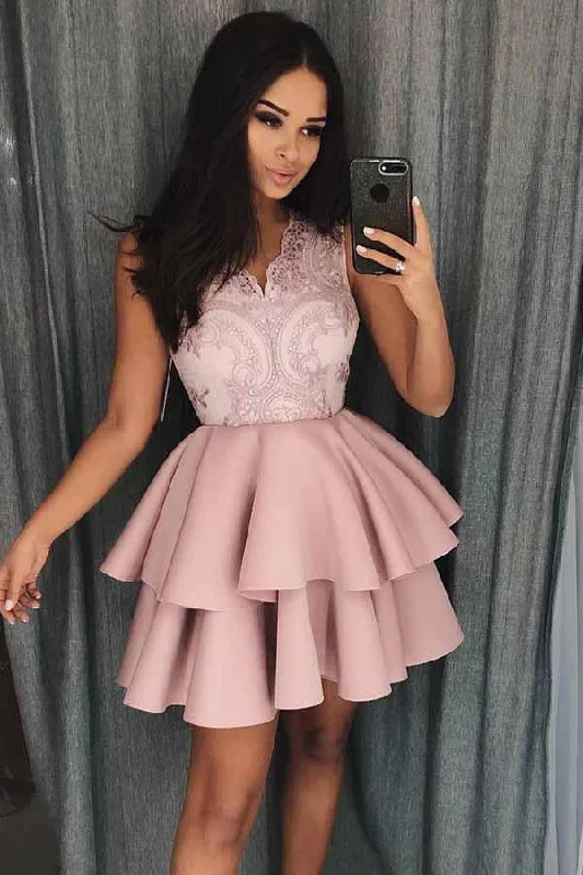 Party Dresses with Satin Trimmed Collar and Bow Back and Embroidered Skirt and Sequined Bodice for Ladies' Classic and Glamorous LookA-Line V-Neck Tiered Satin Homecoming Prom Dress with Appliques PD077 Party Dresses with Satin Trimmed Collar and Bow Back and Embroidered Skirt and Sequined Bodice for Ladies' Classic and Glamorous LookA-Line V-Neck Tiered Satin Homecoming Prom Dress with Appliques PD077