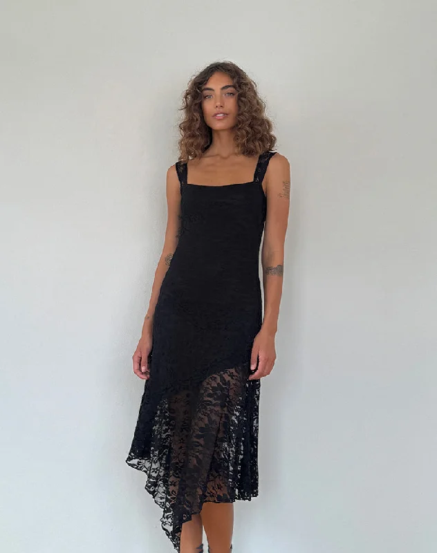 Satin midi dress for a smooth and shiny finishAdeliza Asymmetric Midi Dress in Floral Lace Jet Black
