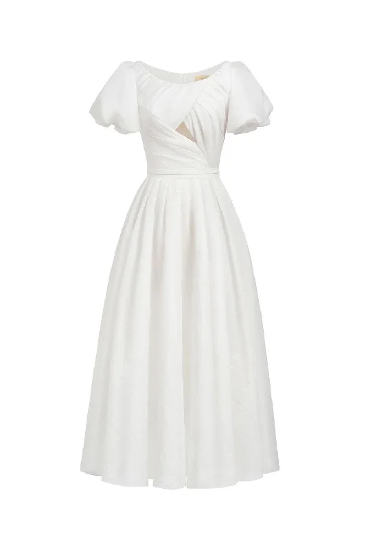 Turtleneck midi dress for a sophisticated and elegant styleAgnese Fit and Flare Puffy Sleeved Rayon Midi Dress