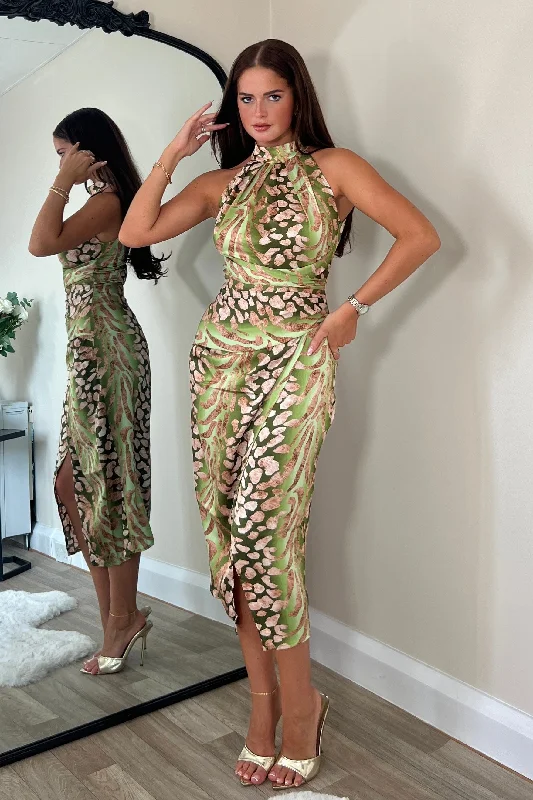 Midi dress for a barbecue with friends and familyAlessia Halter Neck Midi Dress Green Print