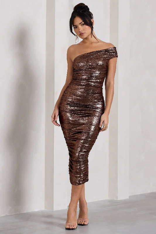 Button - down denim midi dress for a casual and laid - back lookAlma | Bronze Asymmetric Ruched Bodycon Midi Dress