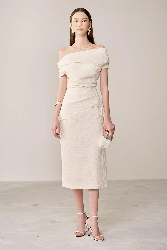 Midi dress for a beach vacation when paired with a swimsuit cover - upAmyral Sheath Asymmetric Neck Linen Cotton Midi Dress