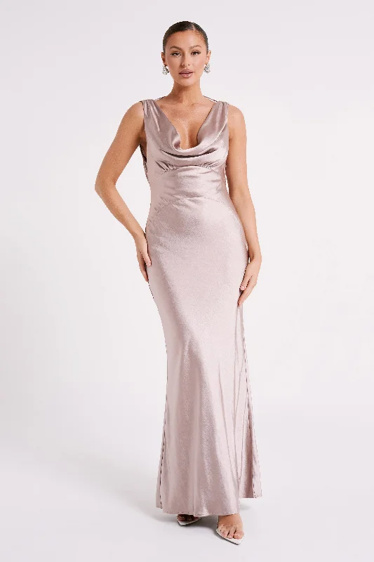 Party Dresses with Ruffled Sleeveless Top and Sequined Bodice and Tulle Skirt and Beaded Waistband for Ladies' Dramatic and Glamorous LookAngelique Satin Cowl Back Maxi Dress - Taupe