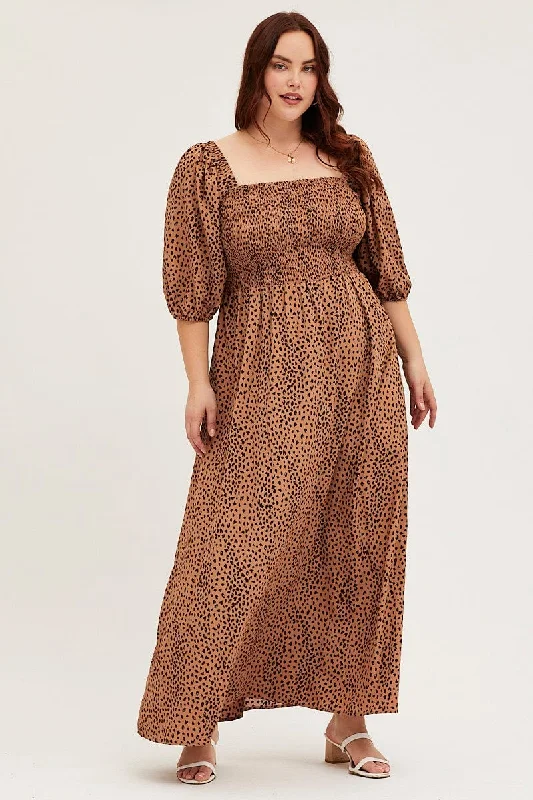 Midi dress for a shopping spree while remaining comfortable on your feetAnimal Print Midi Dress Scoop Neck Short Sleeve