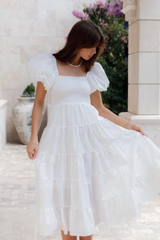 Midi dress for outdoor adventures such as hiking and campingAnnette Puff Sleeve Shirred Midi Dress - White