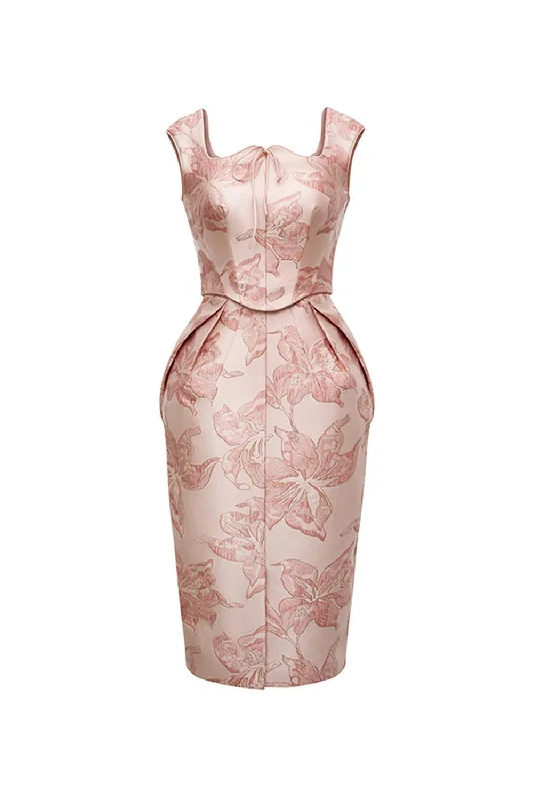 80s - inspired power - dressing midi dress with a bold styleAntoinette Pegged Curved Neck Brocade Midi Dress
