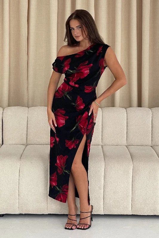 Geometric - pattern midi dress for a modern and stylish appearanceAriana Asymmetric Red Floral Midi Dress