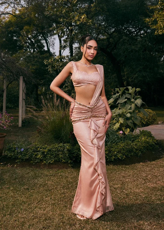 Satin Party Dresses with Floral Embroidery for Ladies' Romantic AppealAmber Nude Shimmer Organza Pre- Draped Saree Set Satin Party Dresses with Floral Embroidery for Ladies' Romantic AppealAmber Nude Shimmer Organza Pre- Draped Saree Set