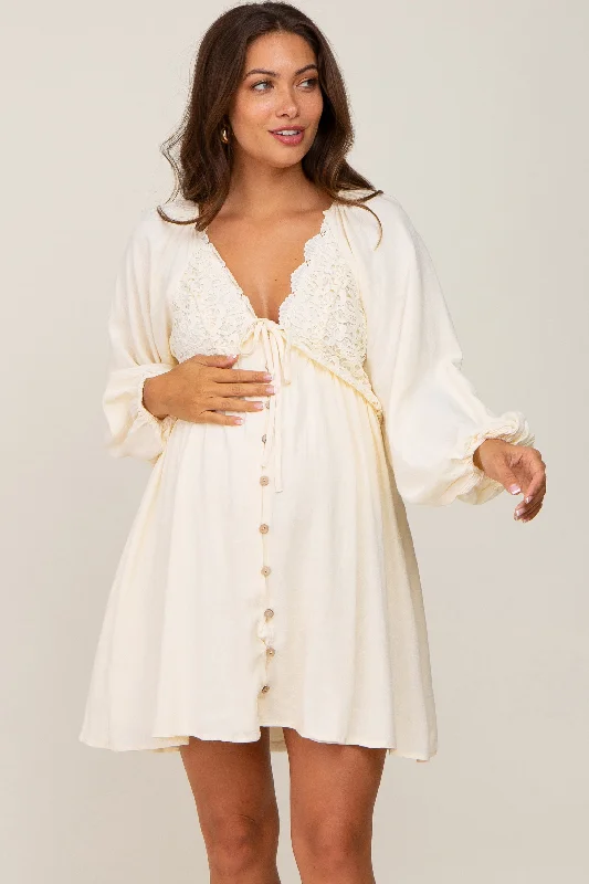 "Smart casual dresses for women for work - to - weekend transitions"Beige Crochet Lace Button Front Maternity Dress "Smart casual dresses for women for work - to - weekend transitions"Beige Crochet Lace Button Front Maternity Dress