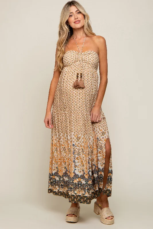 "Beach wedding dresses for women for a laid - back ceremony"Beige Floral Paisley Halter Maternity Maxi Dress "Beach wedding dresses for women for a laid - back ceremony"Beige Floral Paisley Halter Maternity Maxi Dress