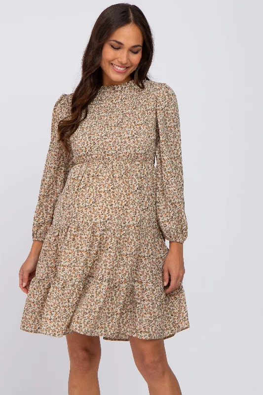"Striped dresses for women with a classic touch"Beige Floral Shirred Mock Neck Maternity Dress "Striped dresses for women with a classic touch"Beige Floral Shirred Mock Neck Maternity Dress