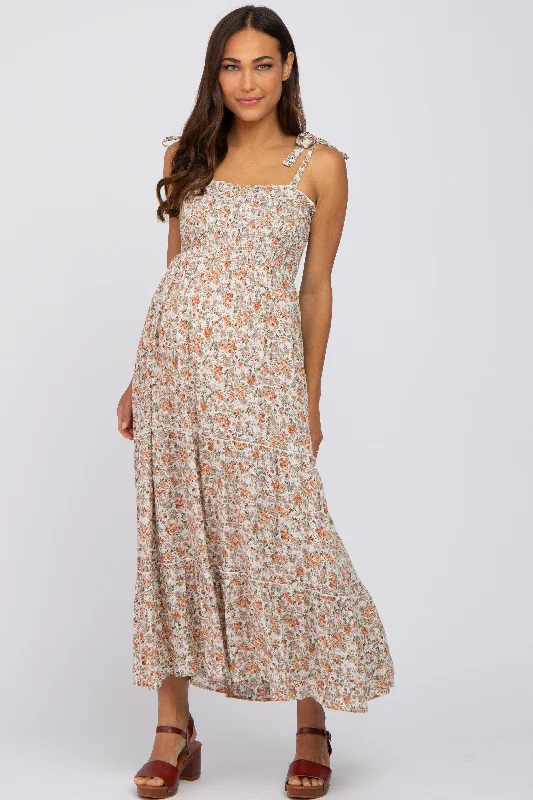 "Sleeveless dresses for women during hot summer days"Beige Floral Sleeveless Tiered Maternity Maxi Dress "Sleeveless dresses for women during hot summer days"Beige Floral Sleeveless Tiered Maternity Maxi Dress