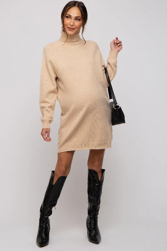 "Seasonal Sale: Save Big on Women's Dresses for Every Occasion"Beige Knit Long Sleeve Turtleneck Maternity Sweater Dress "Seasonal Sale: Save Big on Women's Dresses for Every Occasion"Beige Knit Long Sleeve Turtleneck Maternity Sweater Dress