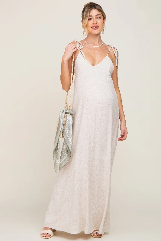 "Trendy casual dresses for women to wear at the beach"Beige Linen V-Neck Tie Strap Maternity Maxi Dress "Trendy casual dresses for women to wear at the beach"Beige Linen V-Neck Tie Strap Maternity Maxi Dress