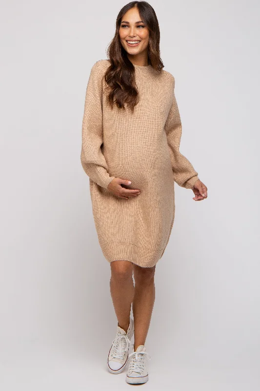 "Animal print dresses for women who love bold styles"Beige Mock Neck Maternity Sweater Dress "Animal print dresses for women who love bold styles"Beige Mock Neck Maternity Sweater Dress