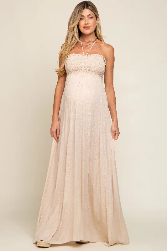 "Floral print dresses for women for a feminine look"Beige Smocked Halter Maternity Maxi Dress "Floral print dresses for women for a feminine look"Beige Smocked Halter Maternity Maxi Dress