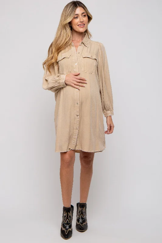 "T - shirt dresses for women for ultimate comfort"Beige Vintage Wash Maternity Shirt Dress