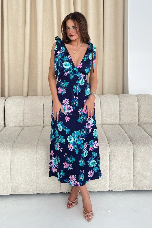 Midi dress for petite body types with proportionate sizingBeverly Tie Shoulder Midi Dress In Navy Floral