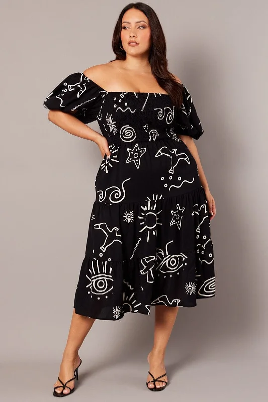 Midi dress for a business - casual setting when paired with a blazerBlack Abstract Midi Dress Short Sleeve Shirred