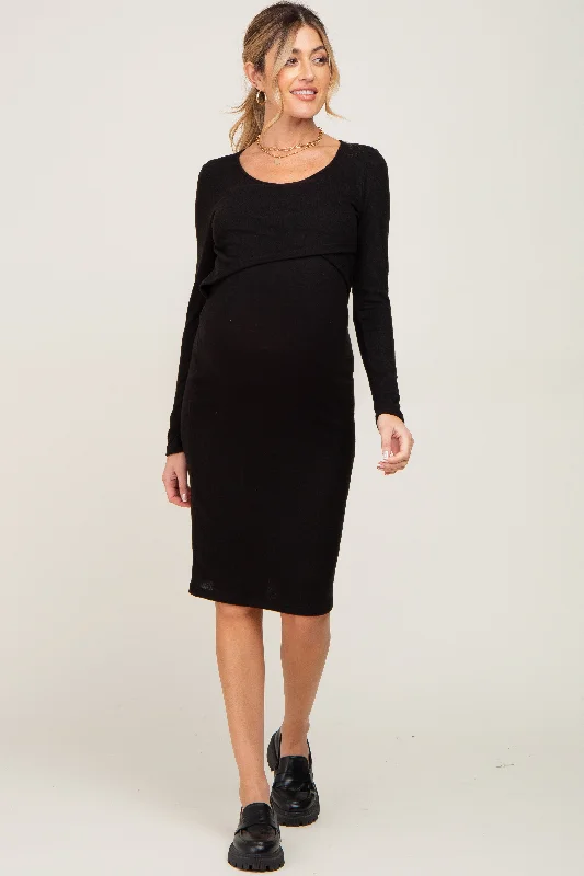 "Beaded dresses for women for a glamorous look"Black Brushed Knit Long Sleeve Maternity Wrap Nursing Dress "Beaded dresses for women for a glamorous look"Black Brushed Knit Long Sleeve Maternity Wrap Nursing Dress