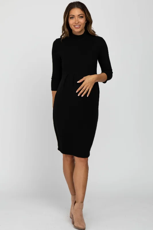 "Vintage - look women's dresses for a retro charm"Black Brushed Mock Neck Fitted Maternity Dress