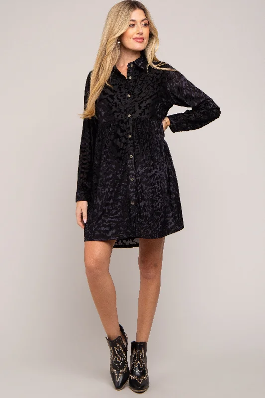 "Sequined dresses for women to shine at parties"Black Burnout Velvet Maternity Button Up Dress "Sequined dresses for women to shine at parties"Black Burnout Velvet Maternity Button Up Dress
