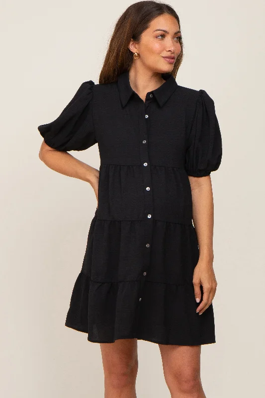 "Work - appropriate dresses for professional women"Black Collared Button Front Tiered Maternity Dress "Work - appropriate dresses for professional women"Black Collared Button Front Tiered Maternity Dress