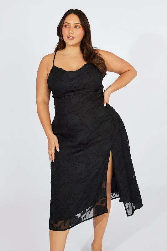 Midi dress for a date when styled with a cute top and heelsBlack Cowl Burnout Midi Dress