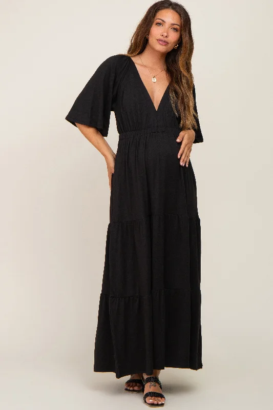 "Short dresses for women for a night out clubbing"Black Deep V-Neck Tiered Maternity Maxi Dress "Short dresses for women for a night out clubbing"Black Deep V-Neck Tiered Maternity Maxi Dress