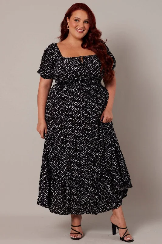 Embroidered lace midi dress for a romantic and delicate touchBlack Ditsy Midi Dress Short Sleeve Tiered