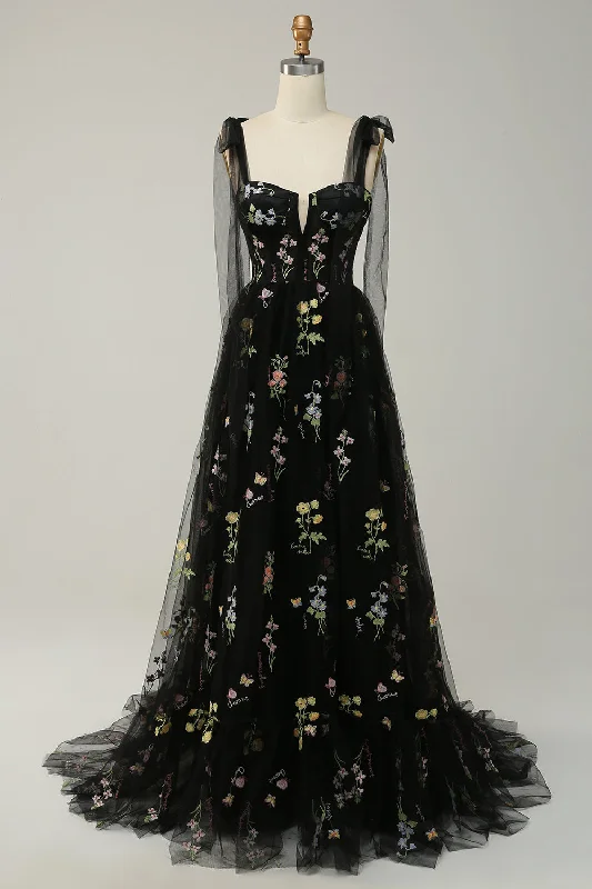 Wrap Style Party Dresses with Belt for Ladies' Comfortable and Stylish OutfitBlack Embroidery Corset Long Prom Dress Wrap Style Party Dresses with Belt for Ladies' Comfortable and Stylish OutfitBlack Embroidery Corset Long Prom Dress