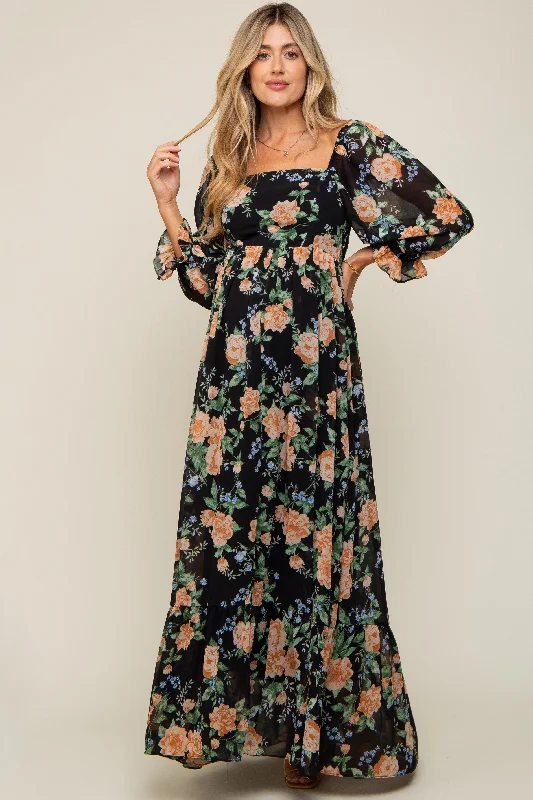 "Floral print dresses for women for a feminine look"Black Floral Chiffon Square Neck 3/4 Ruffle Sleeve Maternity Maxi Dress "Floral print dresses for women for a feminine look"Black Floral Chiffon Square Neck 3/4 Ruffle Sleeve Maternity Maxi Dress