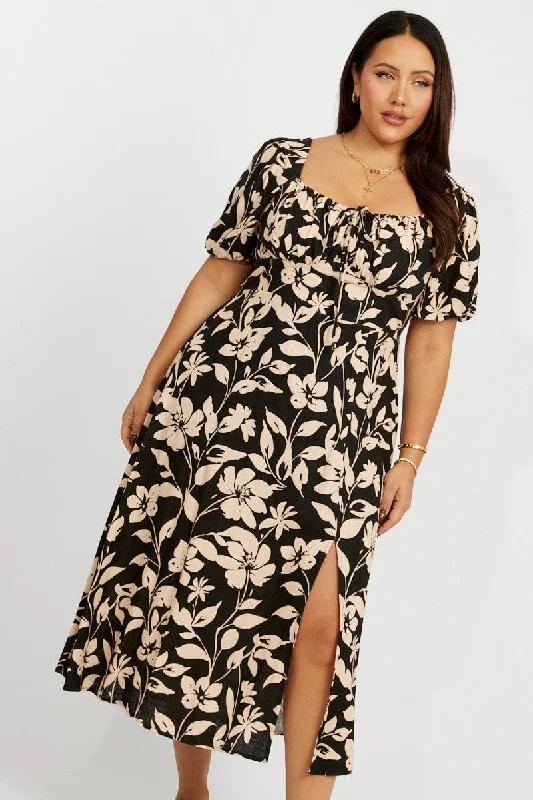 Sleeveless silk midi dress for a sophisticated summer styleBlack Floral Midi Dress Short Sleeve Linen Blend
