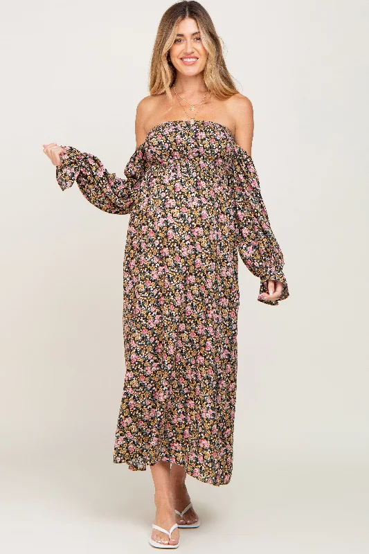 "Chiffon dresses for women with a flowy and light feel"Black Floral Off Shoulder Long Sleeve Maternity Maxi Dress "Chiffon dresses for women with a flowy and light feel"Black Floral Off Shoulder Long Sleeve Maternity Maxi Dress